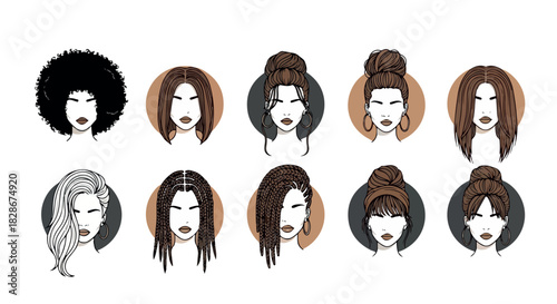Diverse hairstyles collection for women with transparent background