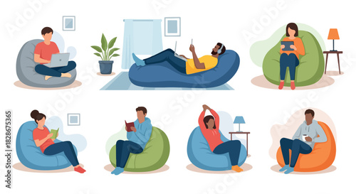 People relaxing in beanbag chairs with various activities