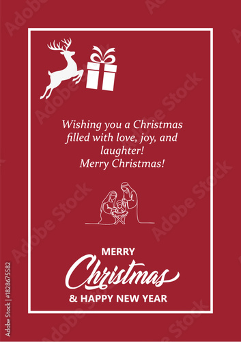 Elegant christmas greeting card with reindeer gift and warm wishes