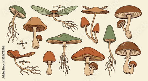 Mushrooms collection with detailed roots and caps