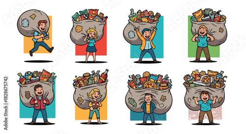 People carrying bags of snacks, joyful and happy