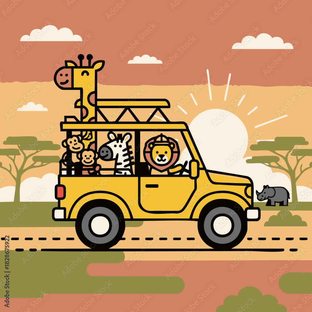 Obraz premium wild animal friends on a safari road trip