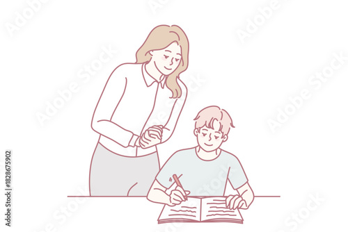 Teacher control boy child writing in notebook. Female tutor look at kid handwrite in classroom. School education concept. Vector illustration.