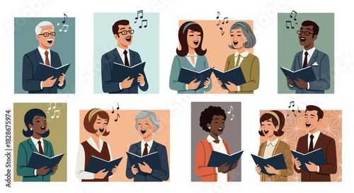 Singing choir group of diverse people holding sheet music