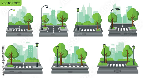 City street scene with trees and streetlights