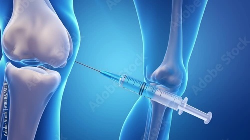 Medical injection into knee joint showing syringe delivering treatment inside bone structure with anatomical illustration perfect for health videos arthritis therapy education and medical animation co