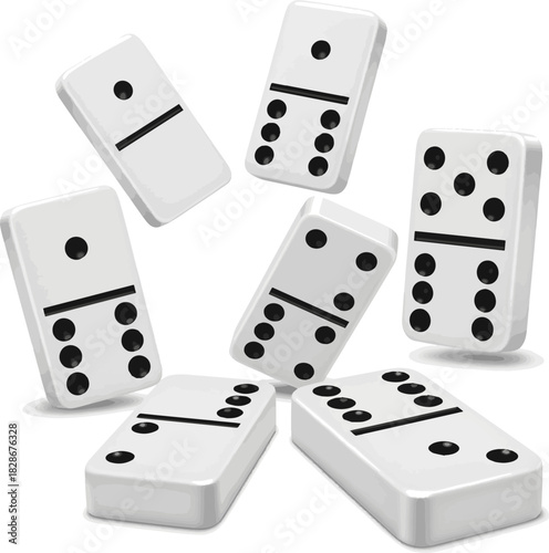 Isolated a Dominoes or domino tiles white vector isolated realistic mockups with black spots number for game vector art with white background..