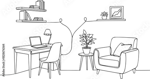 Isolated a Home office with furniture in continuous one line drawing. Indoor household for living room with armchair and plant with shelf in simple linear style. Editable stroke. Doodle vector art .