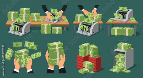 Money counting machines and stacks of cash