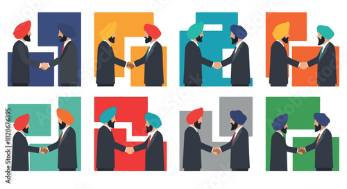 Sikh businessmen shaking hands with colorful turbans