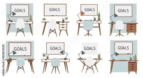Desk setups with goals whiteboard for productivity