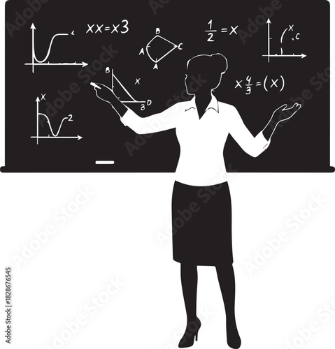 Silhouette of a teacher explaining complex mathematical equations on a blackboard
