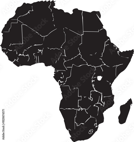 Black silhouette map of the continent of africa with country borders