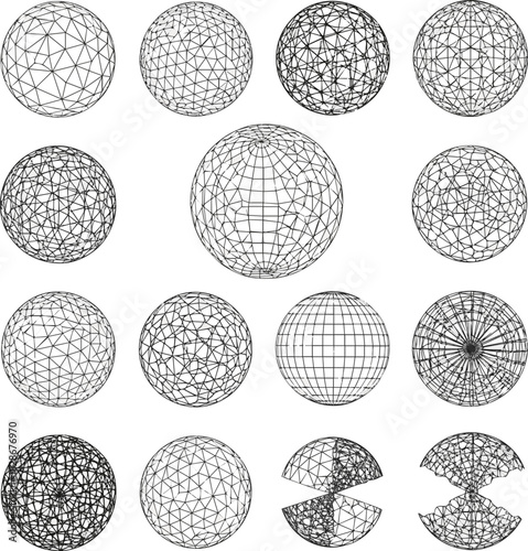 Isolated a kinds of deferent Wireframe sphere in different positions. Globe Grid set. Planet Earth orb vector outline vector art with white background..