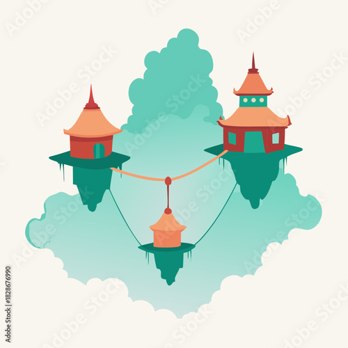 Whimsical floating asian pagodas connected in a serene fantasy scene
