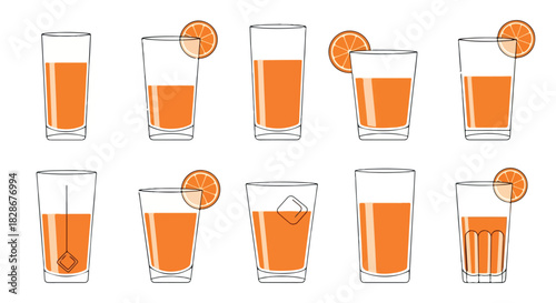 Orange juice drinks in glasses with ice and garnish