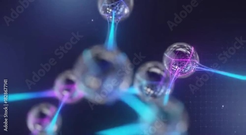Molecular Connection: Close-up of glowing molecules in a dark, creating a vibrant network of energy and information.