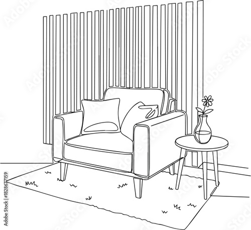Isolated a Modern design interior with armchair and wood slat walls in one continuous line drawing. Hygge Scandinavian decor and soft furniture chair in simple linear style. Doodle vector art .