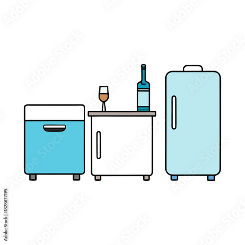 Household appliances and drink items flat design illustration