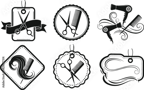 Hair salon price tag and logo collection, monochrome styling tools badges, scissors comb hairdryer vector set, beauty hair care emblems, cad drawing flat vector illustration