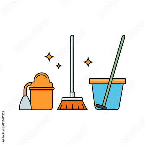 Essential household cleaning tools: mop, broom, dustpan, bucket