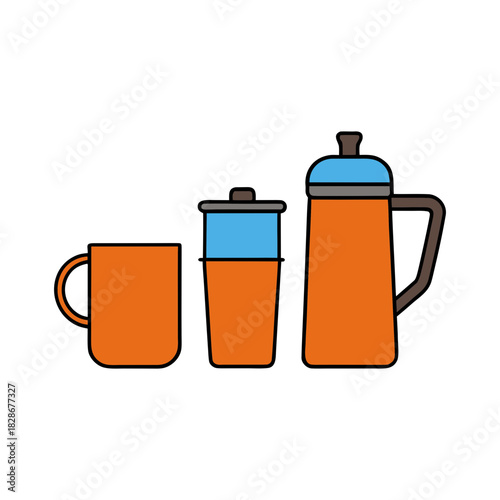 Orange and blue drinkware set: mug, tumbler, and thermos art