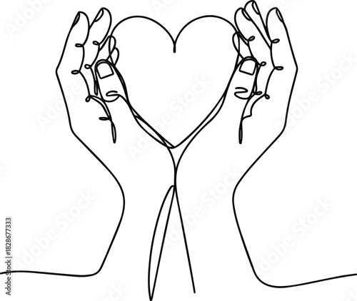Isolated a One continuous line drawing of hands holding heart. Concept of love relationship and volunteer organisation symbol in simple linear style. Editable stroke. Doodle vector art.