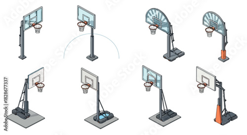 Basketball hoop set various angles for sports