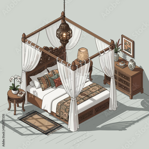 Elegant Four-Poster Bed with Ornate Carvings and Ambient Lighting Illustration