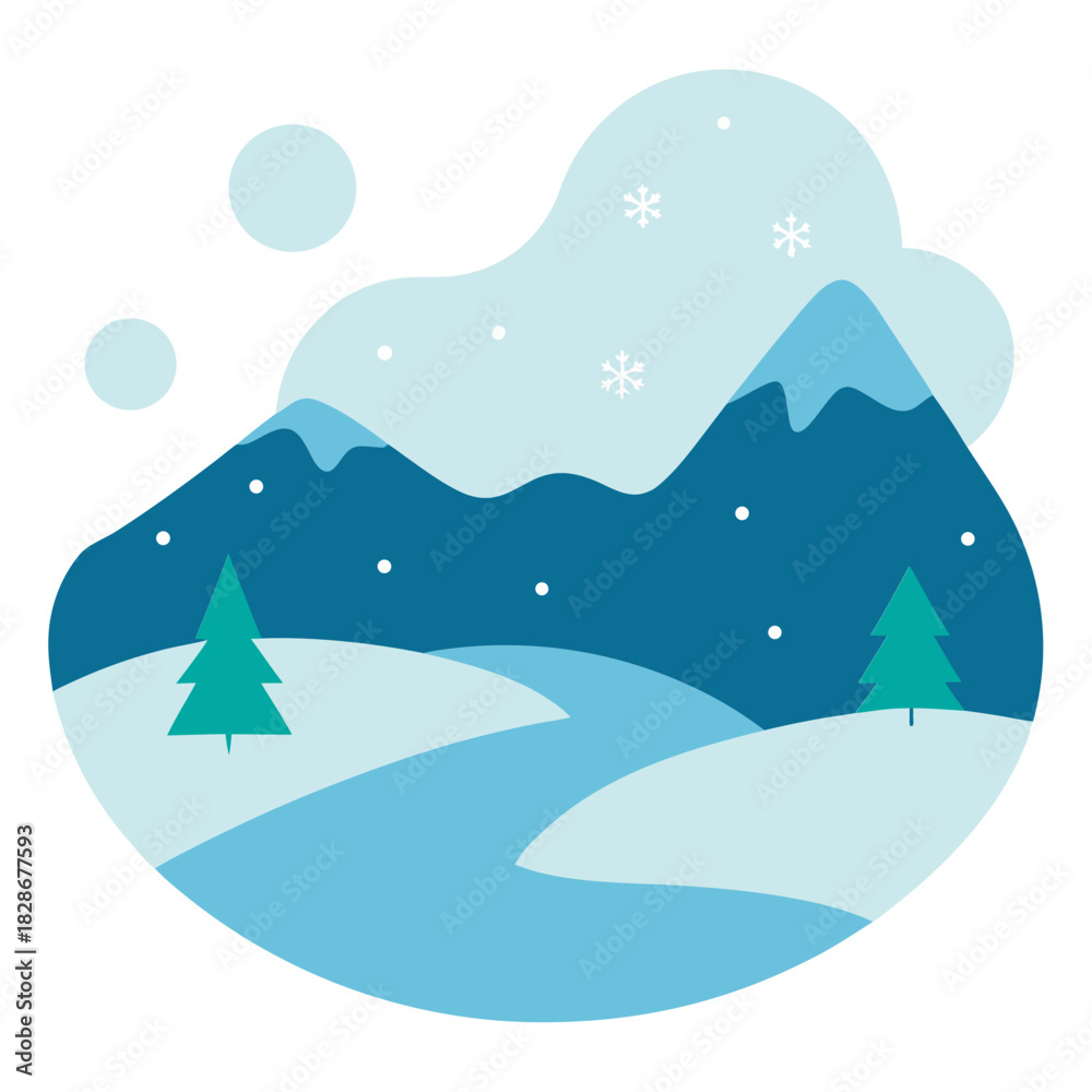 Obraz premium Winter landscape illustration with snowy mountains and frozen river