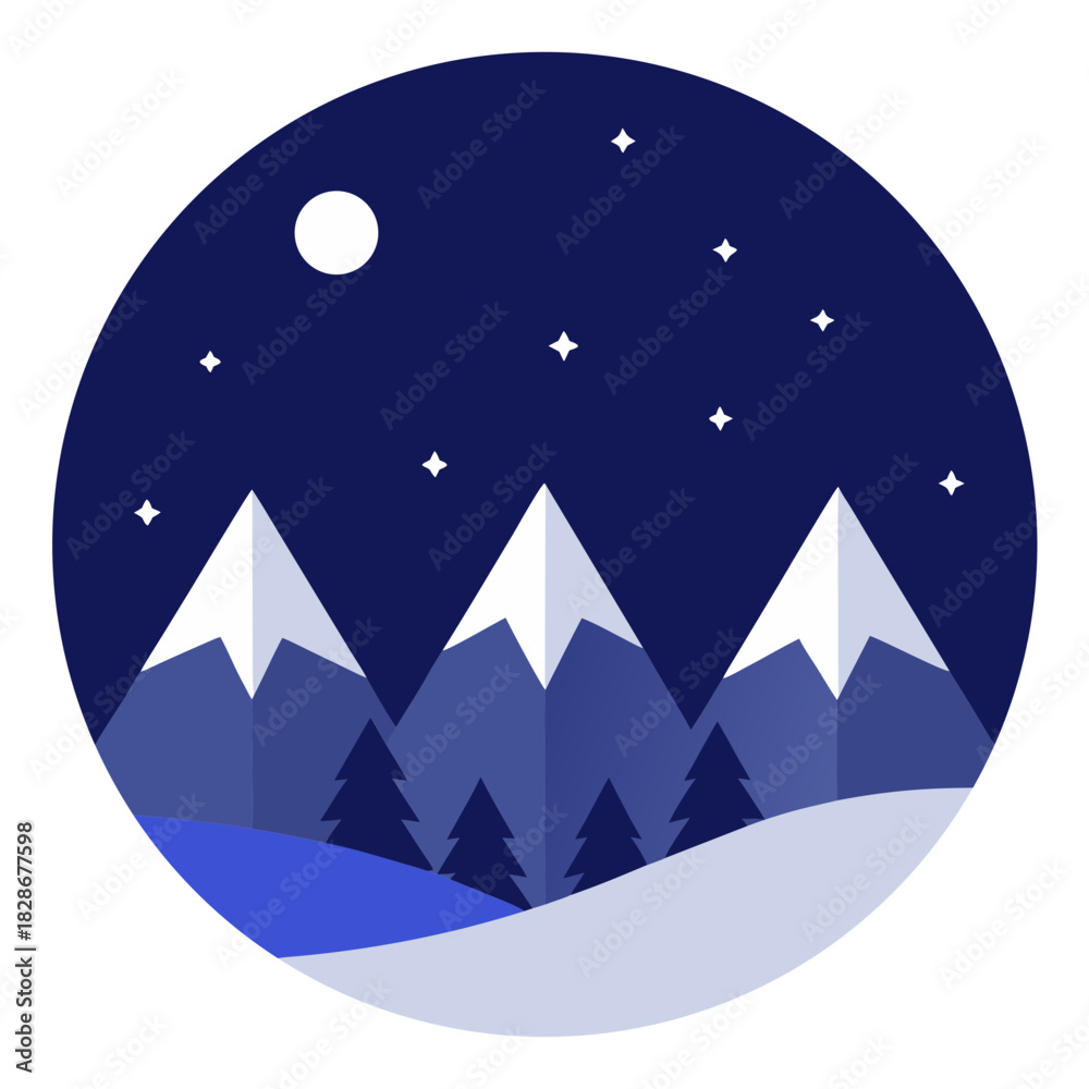 Obraz premium Stylized winter night mountain range, snow, trees, moon, stars