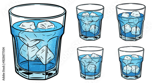 Iced drinks in glasses with ice cubes