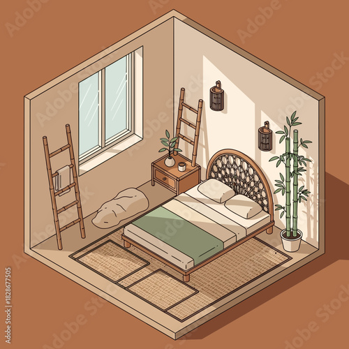 Isometric Bedroom Design with Natural Elements in Earthy Tones Illustration