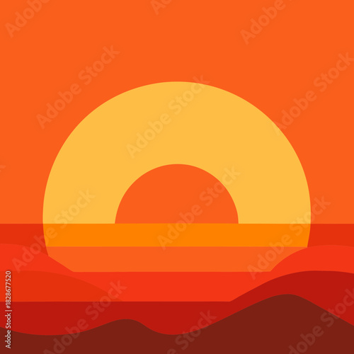Stylized orange sunset over desert hills, minimal art design