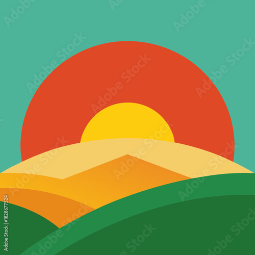 Stylized sunrise over rolling green and golden hills minimal art.