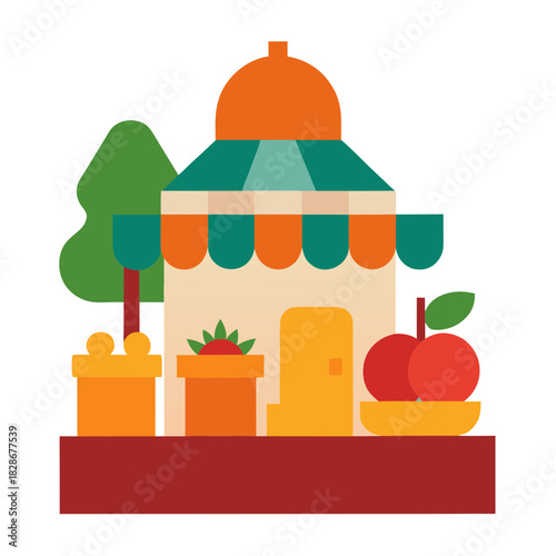 Vibrant market stall illustration with fresh produce and plants