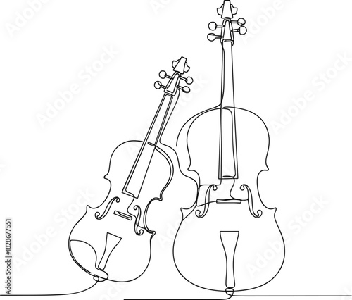 Isolated a Violin and cello in one continuous line drawing. String musical instrument for orchestra and concert banner in simple linear style. Editable stroke. Doodle vector art with white background