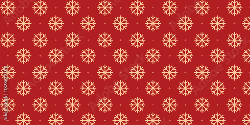 Elegant seamless pattern with golden snowflakes and tiny stars on a rich red background, perfect for Christmas wrapping paper, festive textiles, greeting cards, invitations and seasonal holiday design