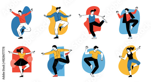 People dancing in various poses with colorful backgrounds