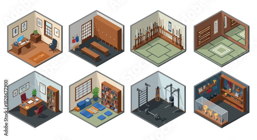 Isometric room interiors collection for various purposes