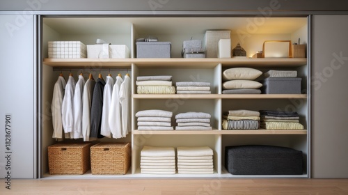 Neatly Organized Closet Displaying Shelves with Clothing, Baskets, Blankets, Towels, Storage Boxes, and Decorative Items for Modern Interiors