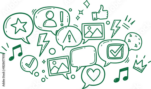 Hand drawn social media icons and speech bubbles cluster in green