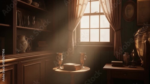 Sunlit Study: Antique Room with Bookshelves, Curtains, and Golden Trophies