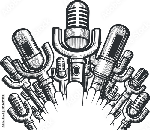 Variety of vintage microphones hand drawn sketch style illustration