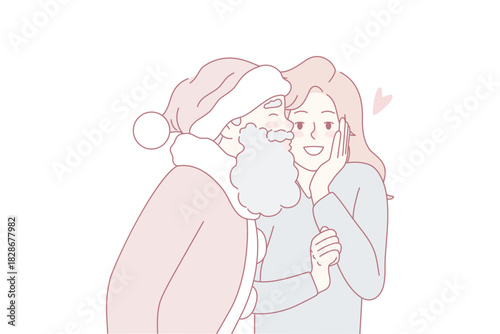 Santa Claus in red costume kissing excited young woman in cheek. New Year and Christmas celebration. Winter holidays. Flat vector illustration.