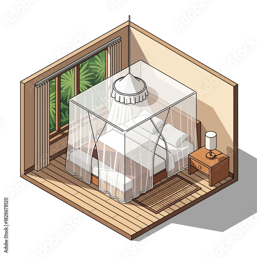 Isometric Bedroom with Mosquito Net, Tropical View: A Peaceful Night's Rest