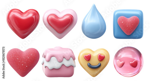 Glossy Heart Trinkets and Cute Icons for Romantic Valentine's Day Illustration