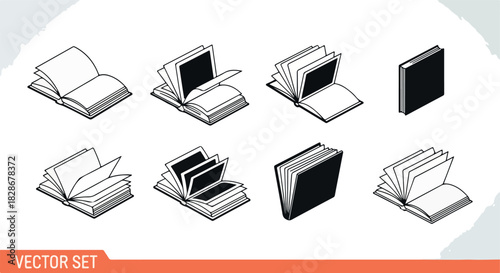 Open books in various angles, monochrome outline