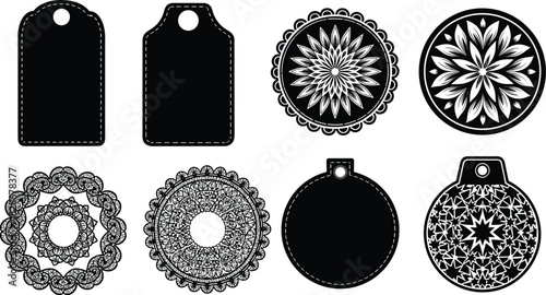 Set of Black and White Vector Price Tags and Decorative Circular Mandalas, Ideal for Product Labeling, Bohemian Design, Henna Tattoos, and Ornamental Craft Templates Collection