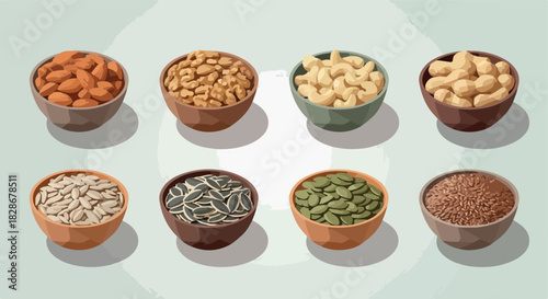 Nuts and seeds in bowls for healthy eating